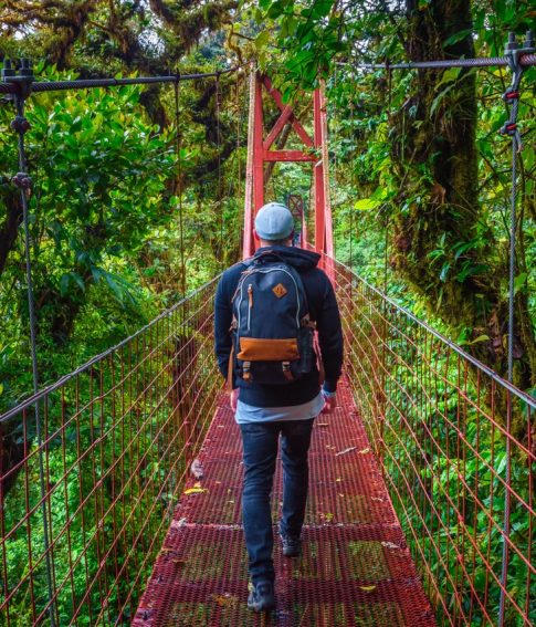 Someone walking on a suspension bridge in Monteverde, Costa Rica